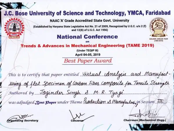 Best Paper Award in conference on Trends and Advances in Mechanical
Engineering in 2019