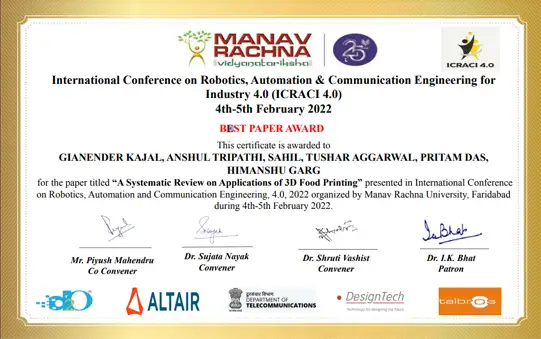 Best Paper Award in ICRACI-4.0 held in Manav Rachna University in
2022.