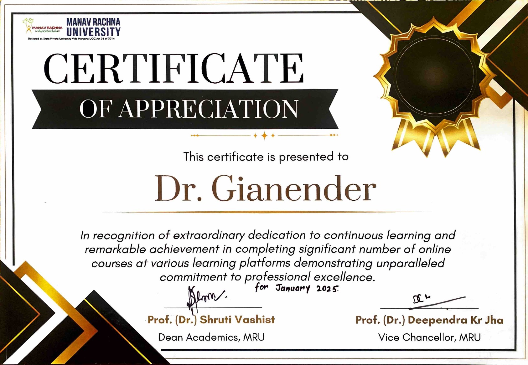 Dr. Gainender recognized for completing online learning courses